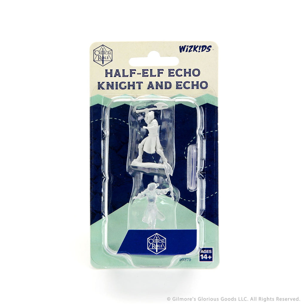 Critical Role Mini: Half-Elf Echo Knight & Echo F - Unpainted plastic miniature of Half-Elf Echo Knight and echo figure on display card packaging.
