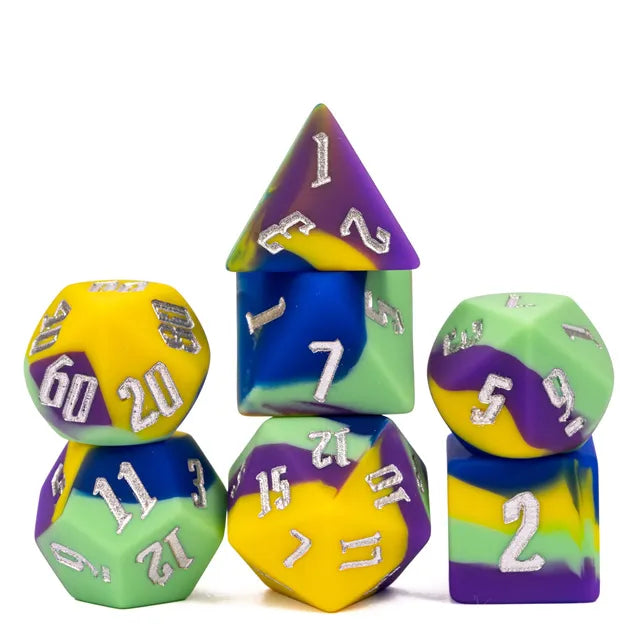 Bouncy Dice Set - B - Set of five colorful bouncy dice with purple, yellow, green, and blue patterns and white numbers.