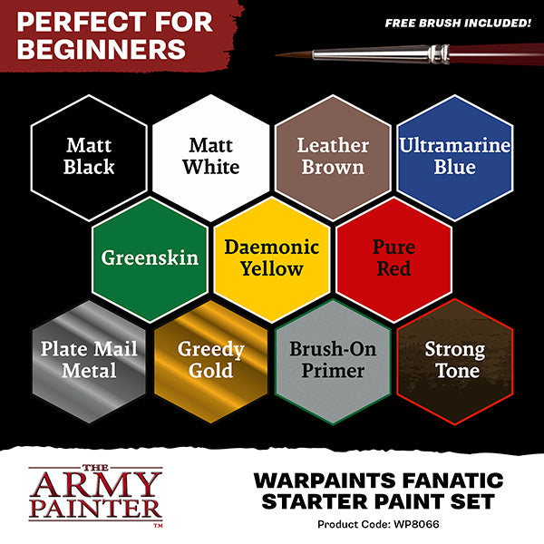 Warpaint: Fanatic Starter Paint Set - Set of 10 hexagonal paint pots in colors including matt black, white, leather brown, ultramarine blue, greenskin, daemonic.
