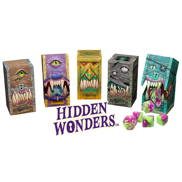 Hidden Wonders 7-Die Set Blind Box (PREORDER) - Seven colorful monster-themed dice with unique eye and teeth designs, displayed with matching decorative boxes.
