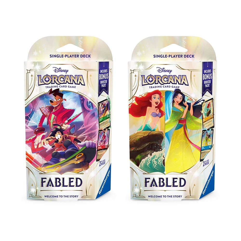 Lorcana TCG: Fabled Starter Deck 2-Pack - Two Lorcana TCG Fabled Starter Deck 2-Pack boxes featuring colorful Disney character artwork on white packaging with gold.