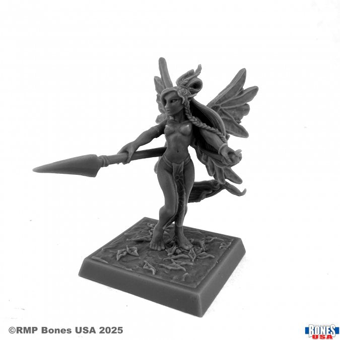 Fairy #2 - Dark gray detailed resin miniature of a standing fairy with large wings holding a spear on a textured square base.