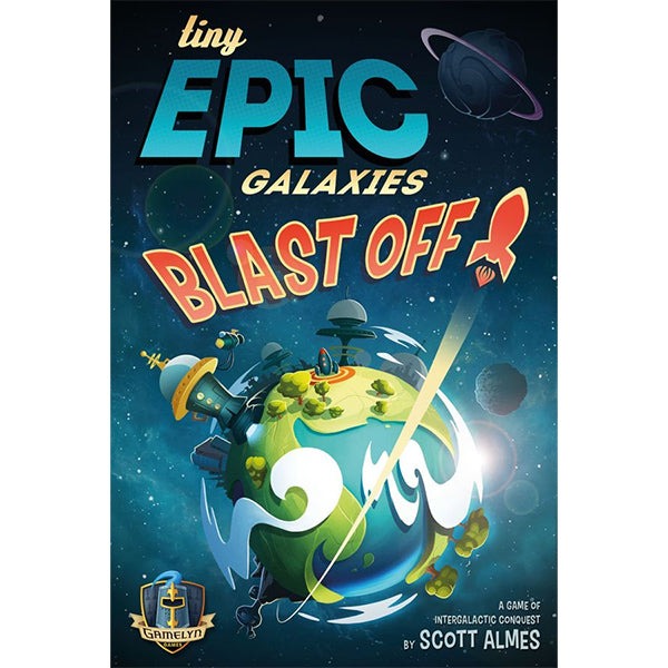 Tiny Epic Galaxies: BLAST OFF (PREORDER) - Colorful board game box featuring a small planet with spaceships, robots, and a rocket against a starry galaxy background.