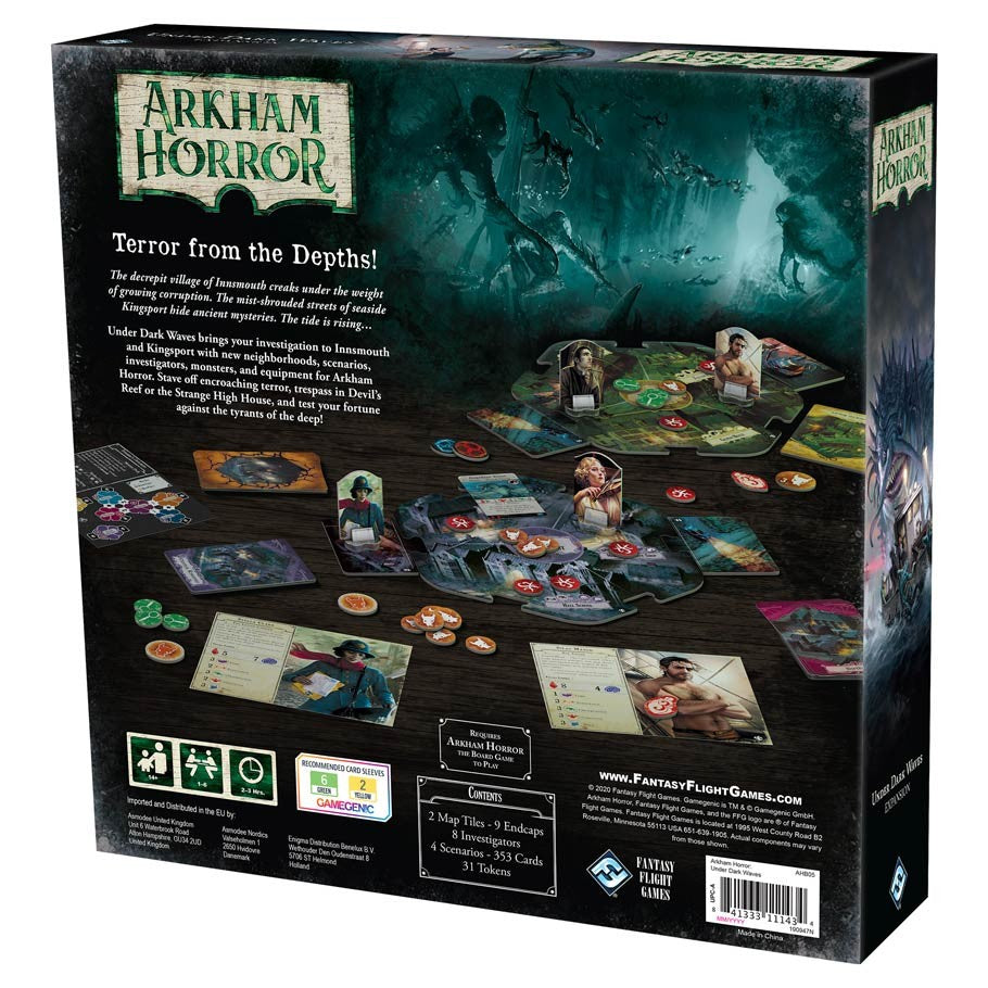 Arkham Horror: Under Dark Waves - Under Dark Waves board game expansion box with oceanic horror artwork and components displayed on dark background.