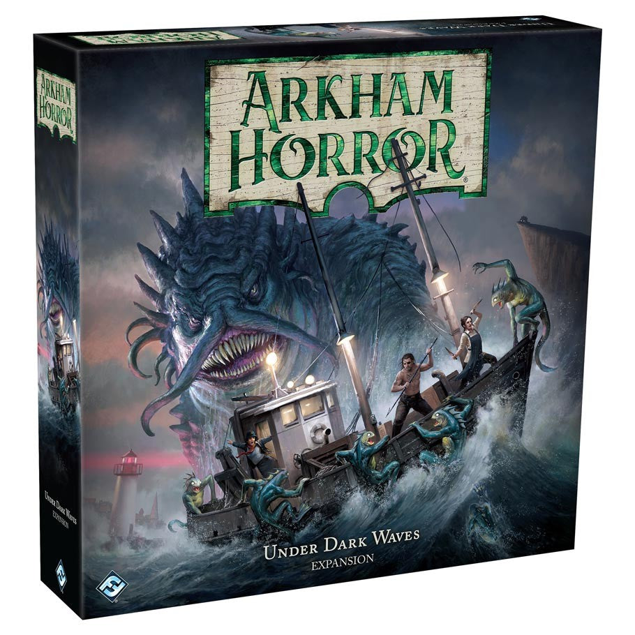 Arkham Horror: Under Dark Waves - Under Dark Waves expansion box with illustration of boat battling sea monster in stormy ocean.