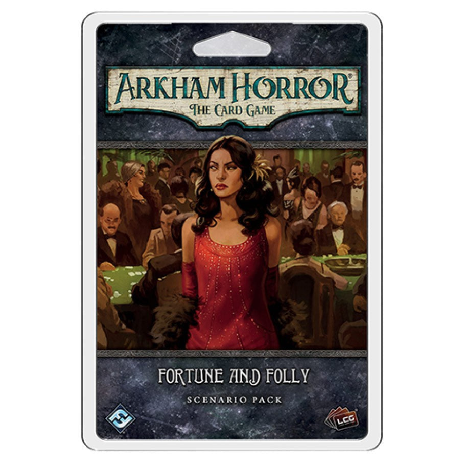 Arkham Horror LCG: Fortune and Folly - Arkham Horror LCG Fortune and Folly expansion pack with woman in red dress and crowded casino background.