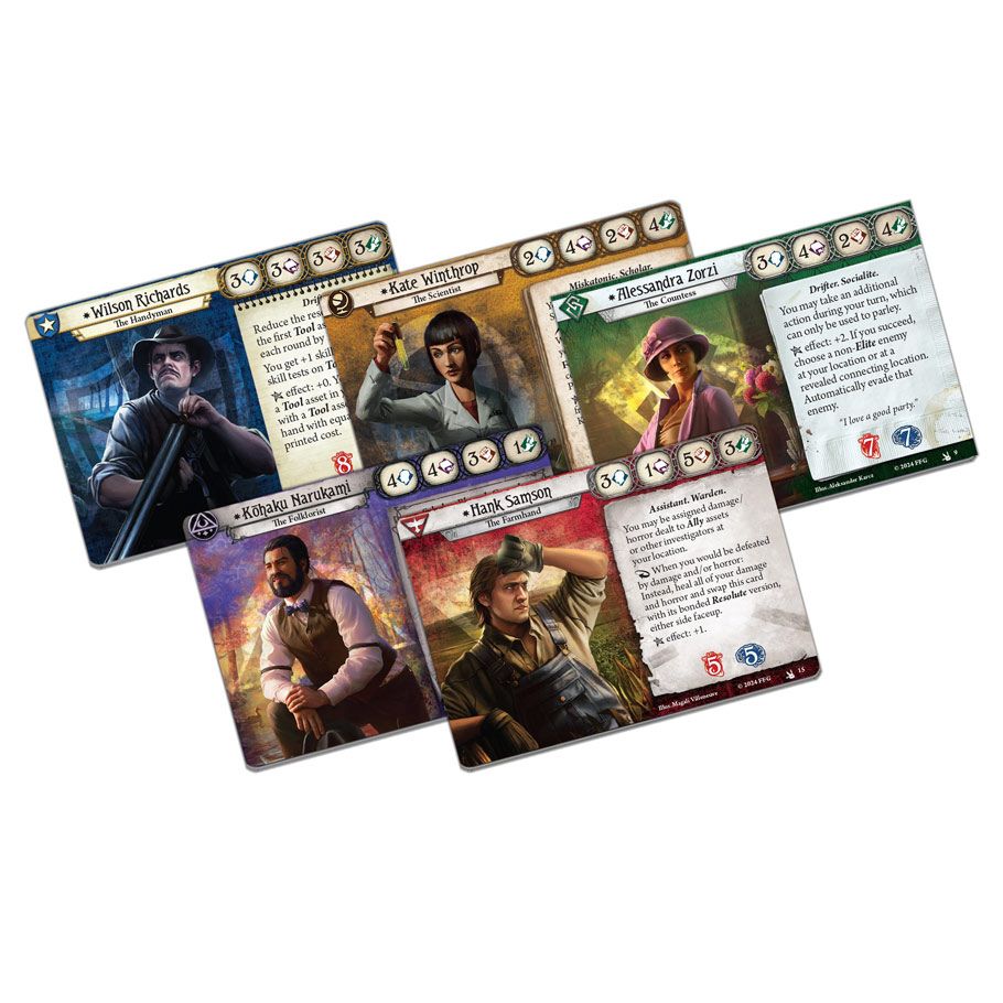 Arkham Horror LCG: The Feast of Hemlock Vale Investigator Expansion - The Feast of Hemlock Vale Investigator Expansion cards featuring illustrated character portraits and game stats.
