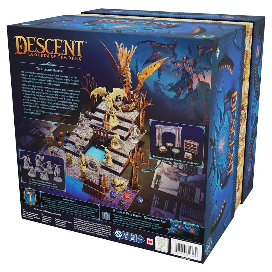 Descent: Legends of the Dark - Legends of the Dark board game box showing fantasy artwork, detailed miniature figures, and game components display on dark.