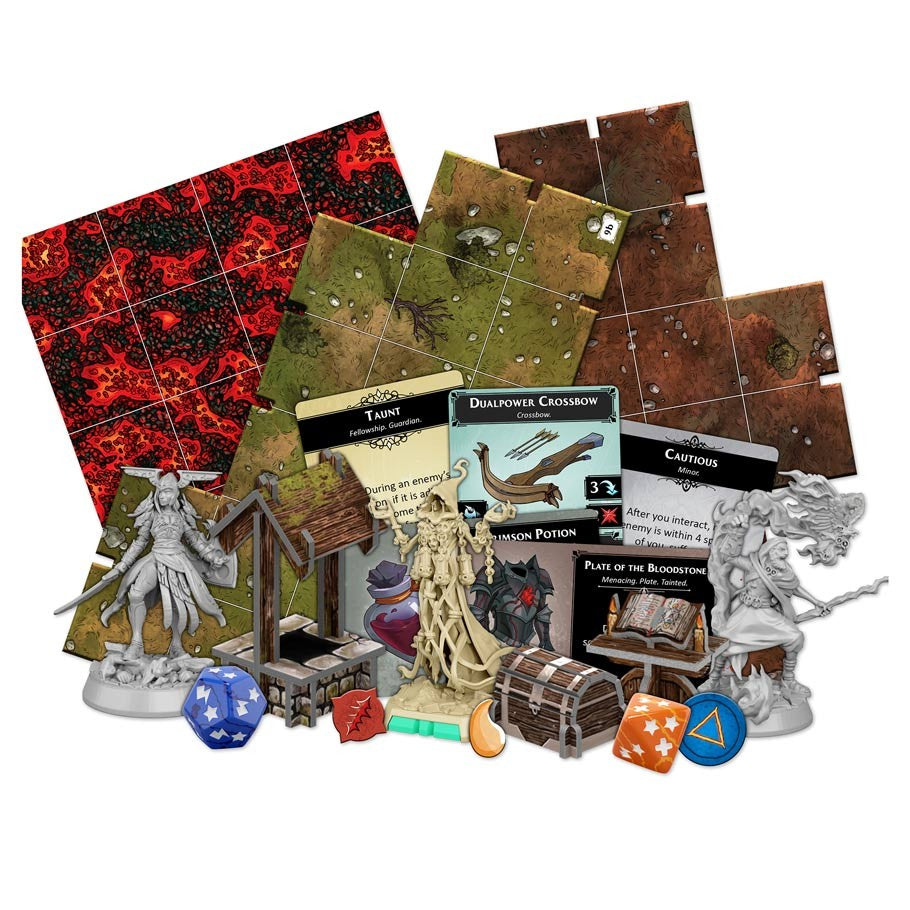 Descent: Legends of the Dark - Descent Legends of the Dark board game with dungeon tiles, character miniatures, dice, cards, and treasure chest tokens.