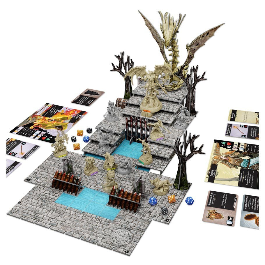 Descent: Legends of the Dark - Legends of the Dark board game with dungeon tiles, detailed miniatures, cards, and dice on white background.