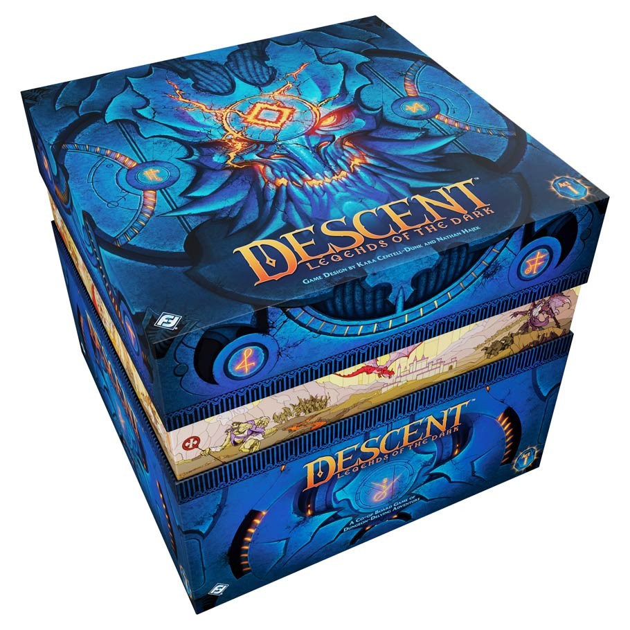 Descent: Legends of the Dark - Legends of the Dark board game featuring dark blue fantasy art with a fiery-eyed demon face and gold lettering.