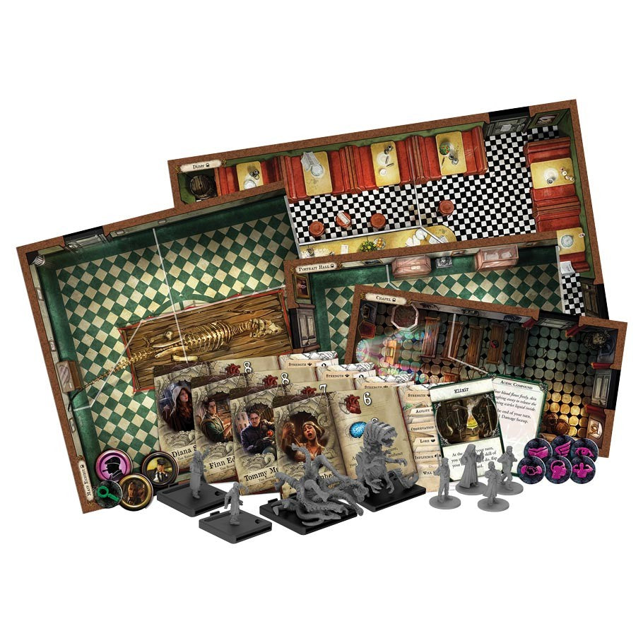 Mansions of Madness 2E: Streets of Arkham - Mansions of Madness 2E Streets of Arkham board game with detailed game boards, character cards, tokens, and miniature figures.