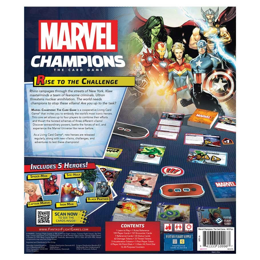 Marvel Champions: The Card Game - Marvel Champions card game box back featuring heroes, game cards, tokens, and instructions.