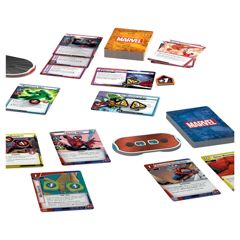 Marvel Champions: The Card Game - Marvel Champions card game components including character and scenario cards, tokens, and a blue Marvel deck box.