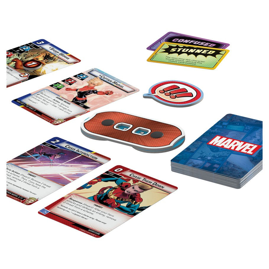 Marvel Champions: The Card Game - Marvel Champions card game set with colorful character cards, tokens, and a blue Marvel-branded card deck box.