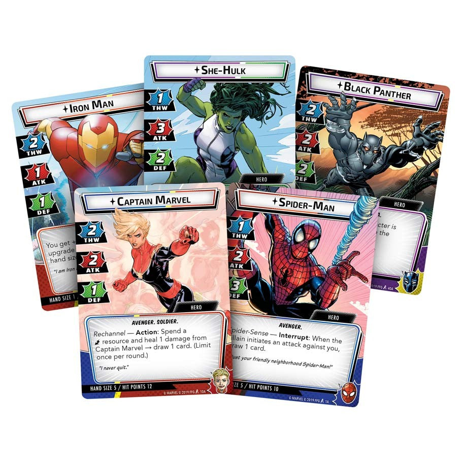 Marvel Champions: The Card Game - Marvel Champions card game featuring colorful sturdy character cards of Iron Man, She-Hulk, Black Panther, Captain Marvel,.