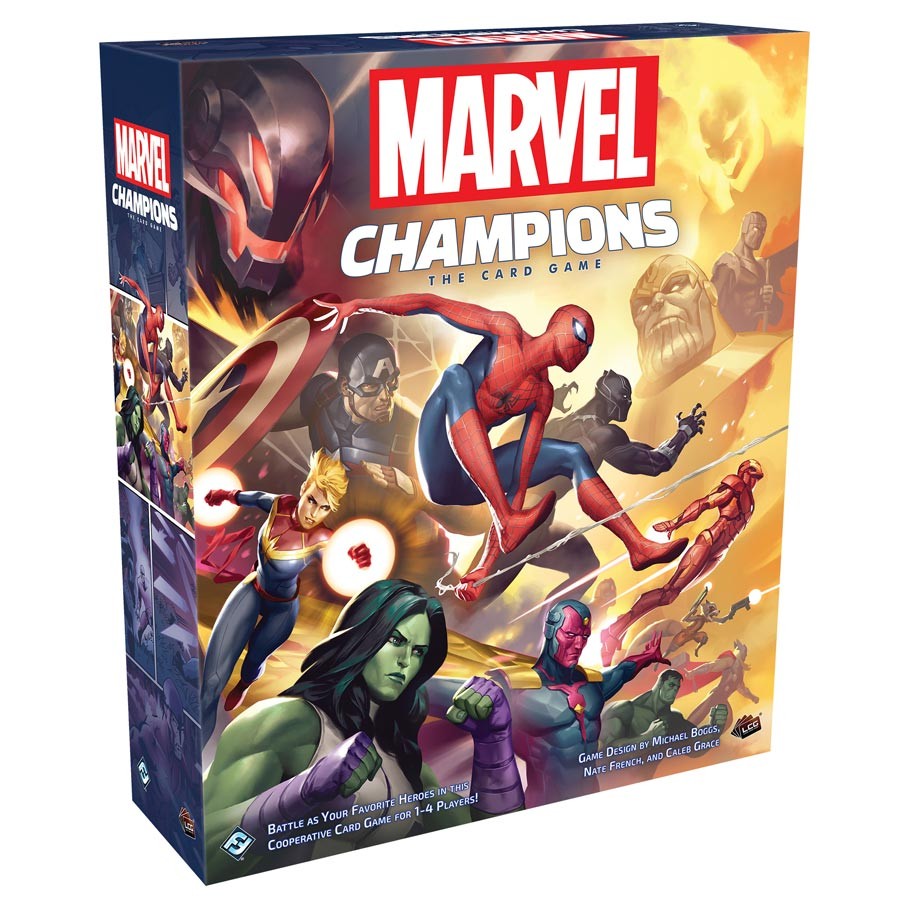 Marvel Champions: The Card Game - Marvel Champions card game box featuring Spider-Man, Black Panther, She-Hulk, and Captain Marvel artwork.