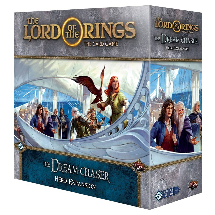 LOTR The Card Game: The Dream Chaser - Hero Expansion - The Lord of the Rings The Card Game The Dream Chaser Hero Expansion box with fantasy characters on ship deck and a large.