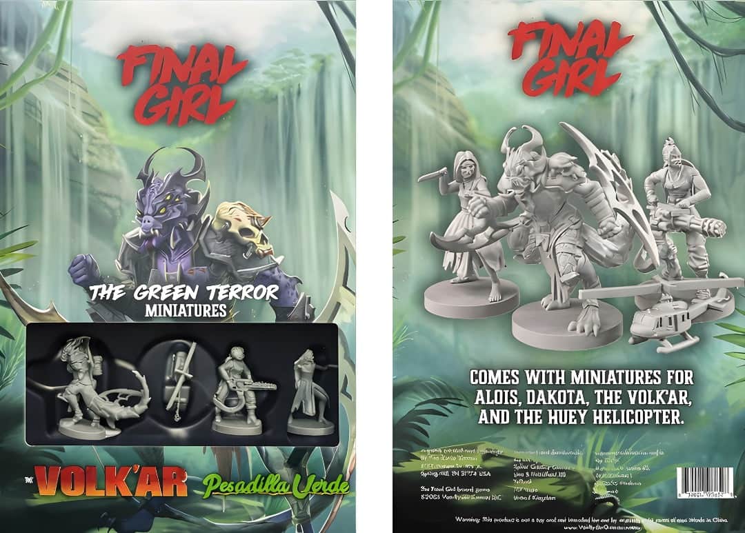 Final Girl: The Green Terror Miniatures (PREORDER) - The Green Terror Miniatures featuring detailed gray plastic miniatures of alien creatures and a helicopter, with colorful.