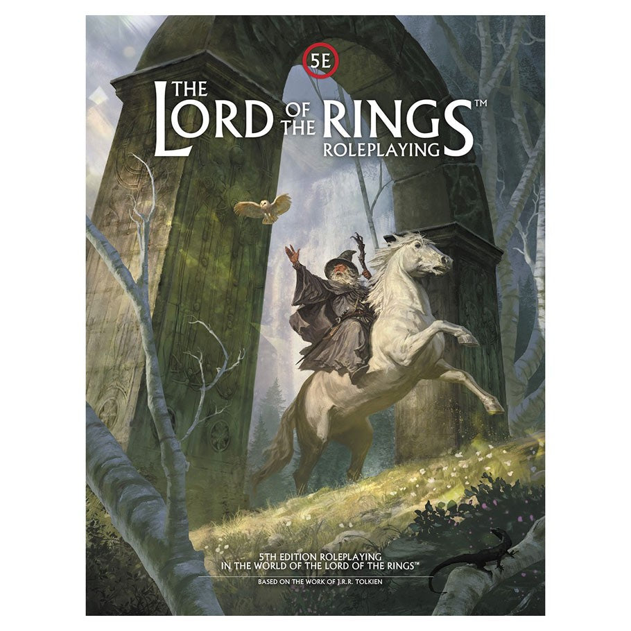 D&D 5E - Lord of the Rings: Core Rulebook - Dungeons & Dragons 5E Lord of the Rings roleplaying core rulebook featuring a warrior on a rearing white horse under stone.