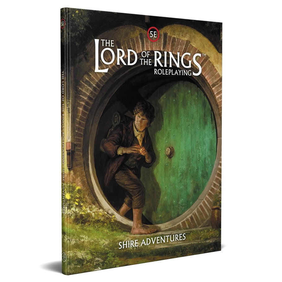 D&D 5E - Lord of the Rings: Shire Adventures - Roleplaying book titled Lord of the Rings with hobbit peeking out of round green door in stone wall.