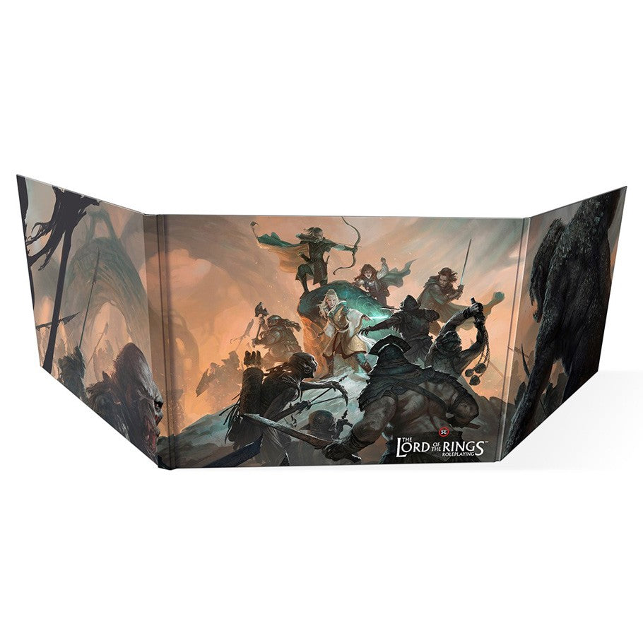 D&D 5E - Lord of the Rings - Loremaster's Screen - Folded D&D 5E Lord of the Rings Loremaster's Screen with fantasy battle artwork and dark tones.