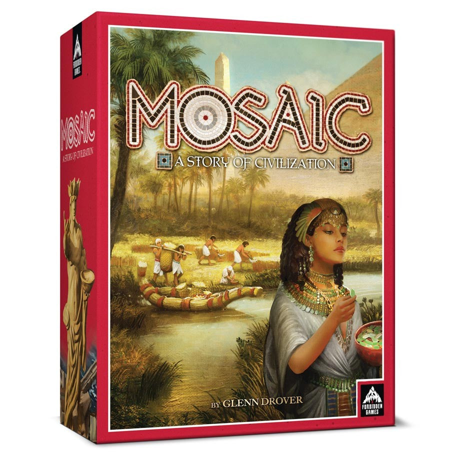 Mosaic - Mosaic board game box with ancient Egyptian art, woman in traditional dress, and stone circle on cover.