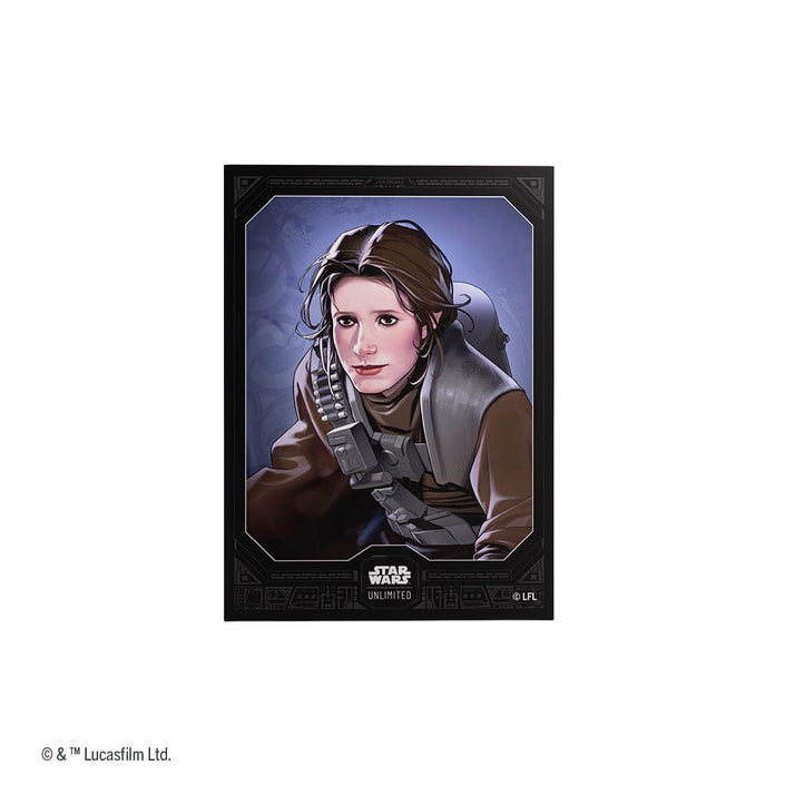 Gamegenic Premium Art Sleeves: Star Wars: Unlimited - Leia Organa (PREORDER) - Card sleeve featuring illustrated Leia Organa in a brown jacket with blaster, set against a blue-gray background, black.