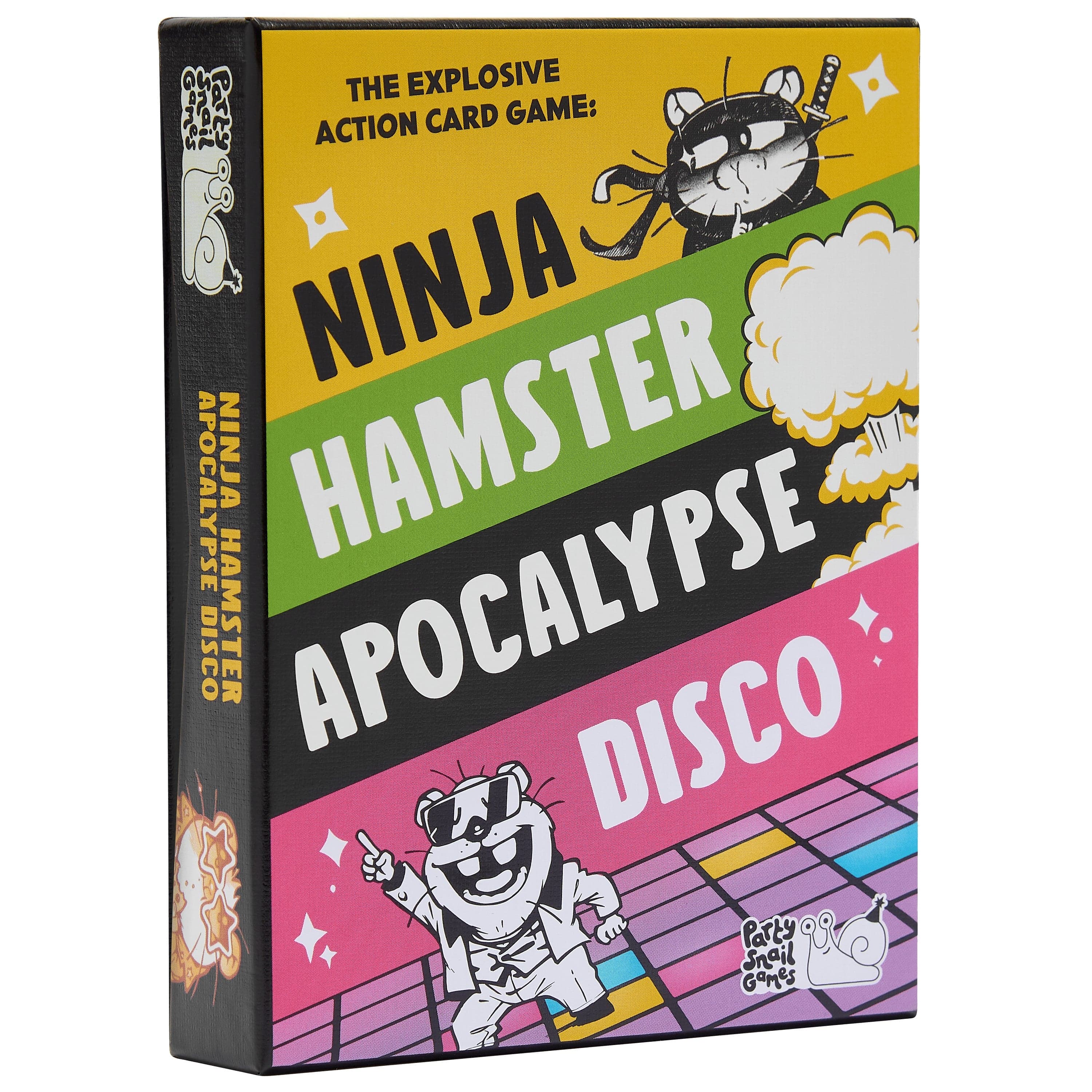 Ninja Hamster Apocalypse Disco (PREORDER) - Colorful card game box with bold text “Ninja Hamster Apocalypse Disco” featuring a cartoon hamster ninja and disco floor.