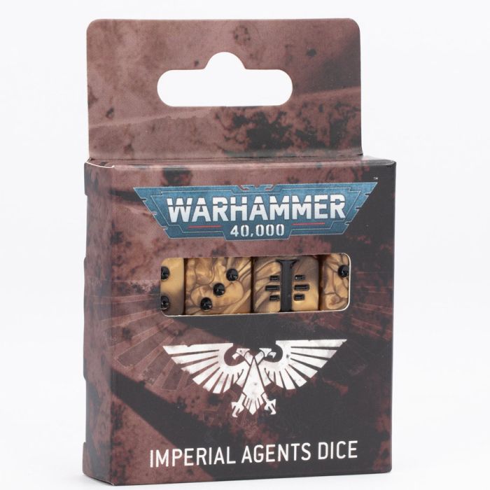 Warhammer 40,000 - Imperial Agents - Dice - Set of six beige six-sided dice with black pips in a worn dark brown Warhammer 40,000 Imperial Agents box.