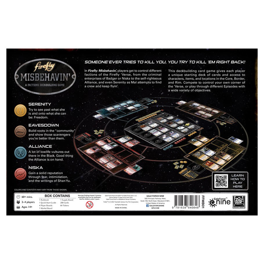 Firefly Misbehavin' - Firefly Misbehavin' card game box back showing gameplay cards and rules summary on black background.