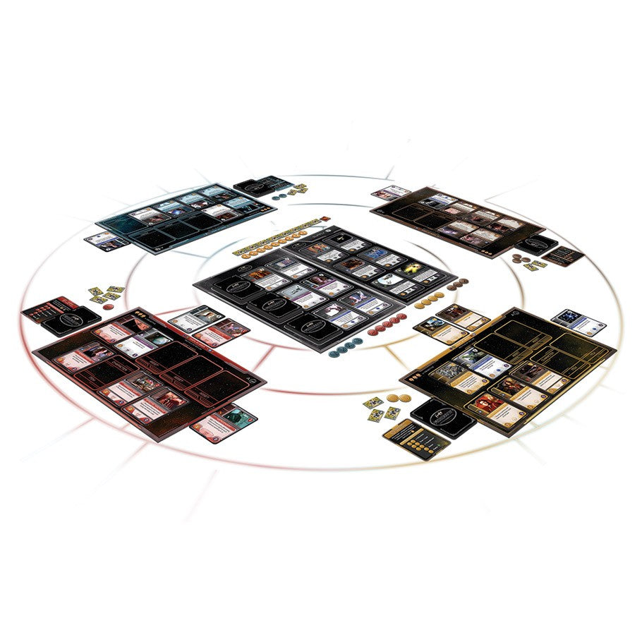 Firefly Misbehavin' - Round board game setup with four player mats in black, red, and blue, featuring cards and tokens arranged around a central.