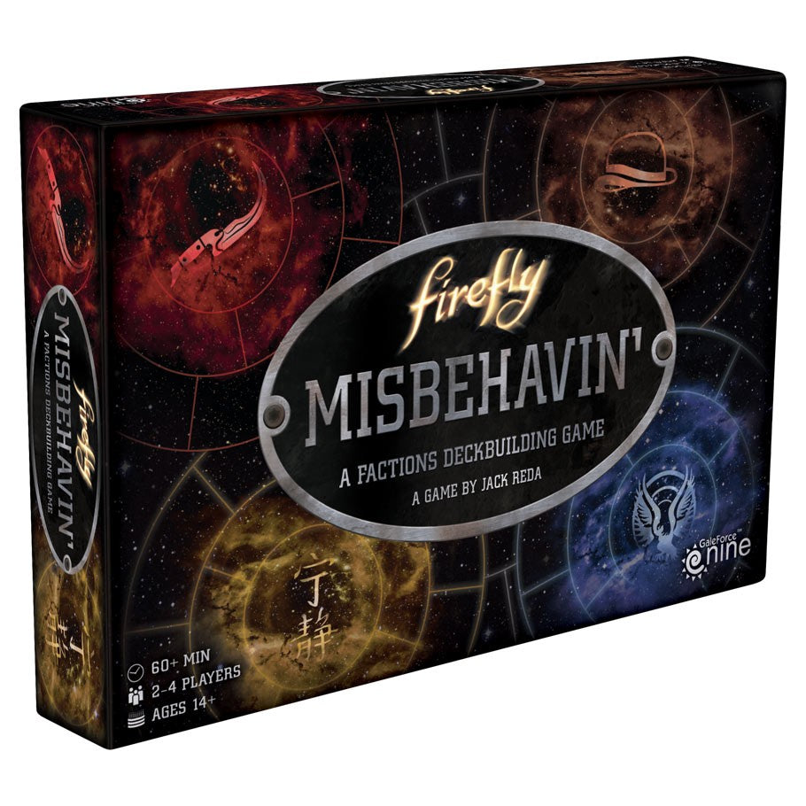Firefly Misbehavin' - Firefly Misbehavin' card game box with colorful circular sci-fi designs and silver title text.
