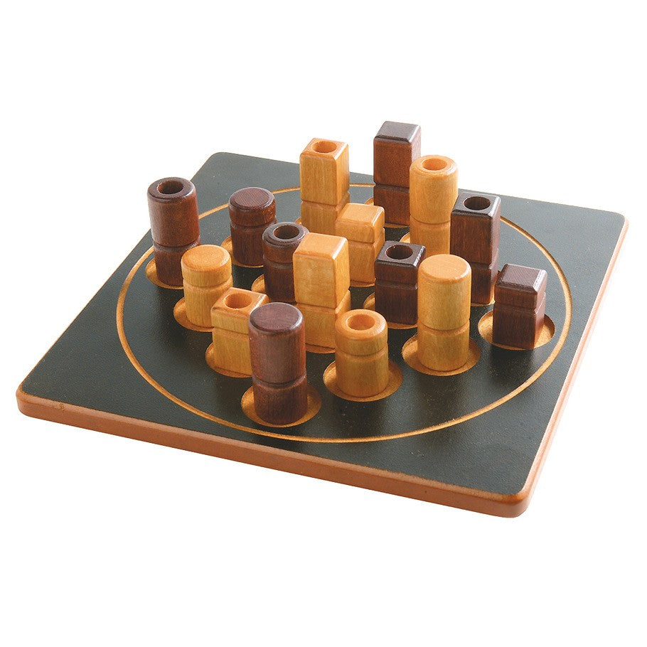 Quarto Mini - Compact Quarto Mini strategy game with cylindrical and square wooden pieces in light and dark brown on a square board with.