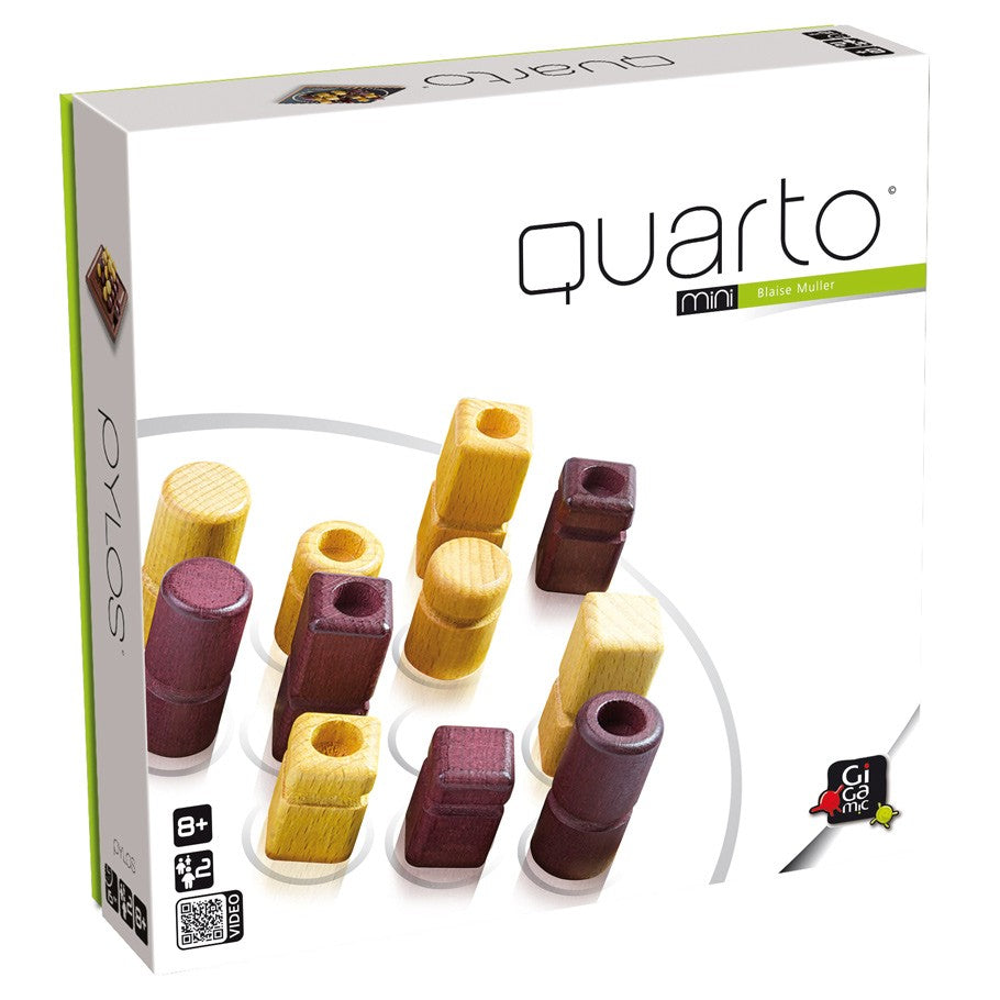 Quarto Mini - Quarto Mini strategy game with wooden pieces in natural and dark brown shades on a white board.