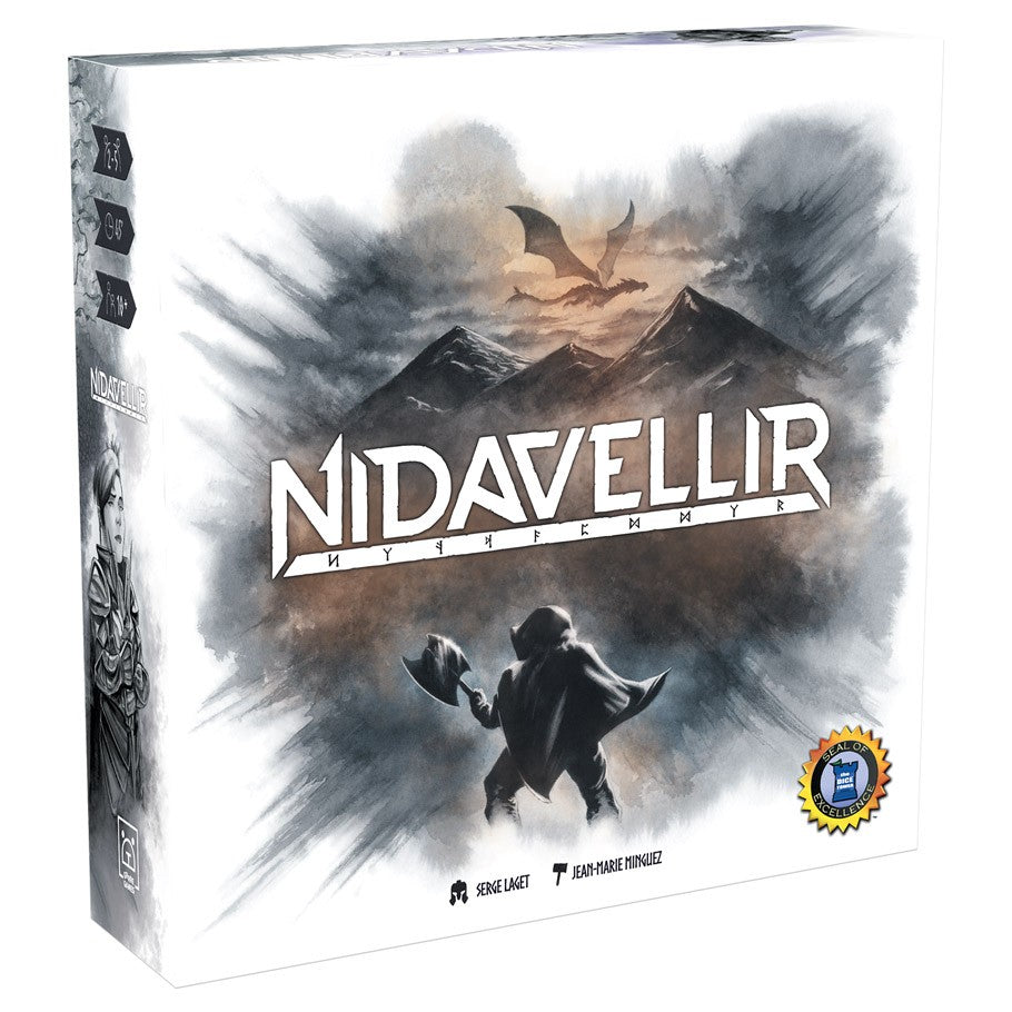 Nidavellir - Nidavellir board game box with silhouetted dwarf holding axe and dragon flying over mountain backdrop.
