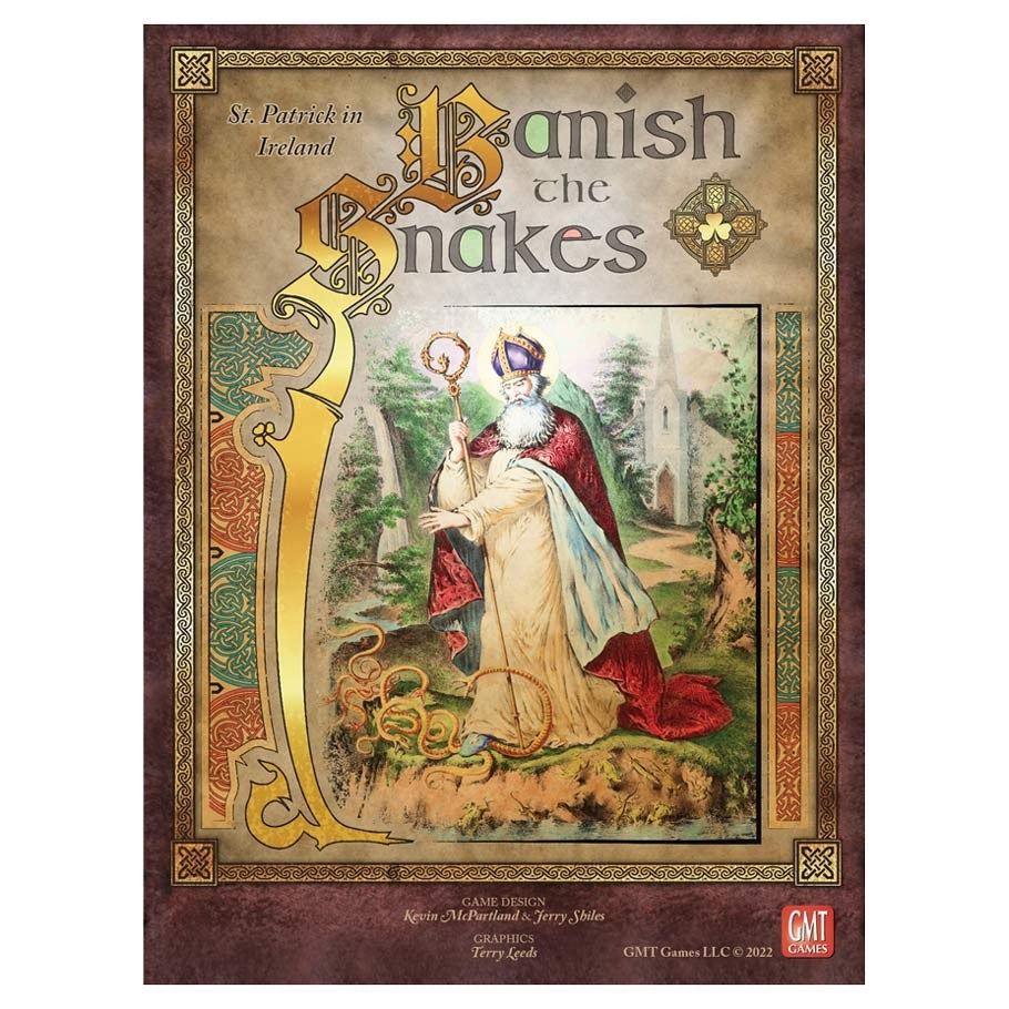 Banish the Snakes - Banish the Snakes board game cover featuring medieval art of a knight and a woman surrounded by snakes with ornate gold.
