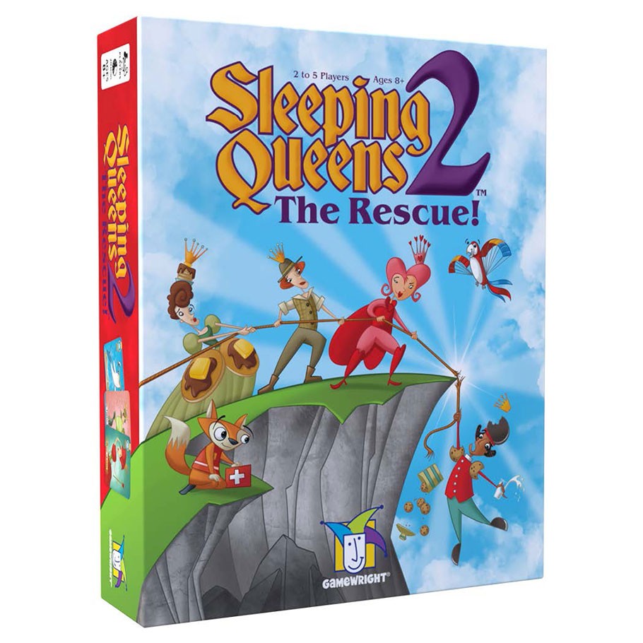 Sleeping Queens 2, The Rescue - The Rescue card game box with colorful characters on cliff edge against blue sky background.