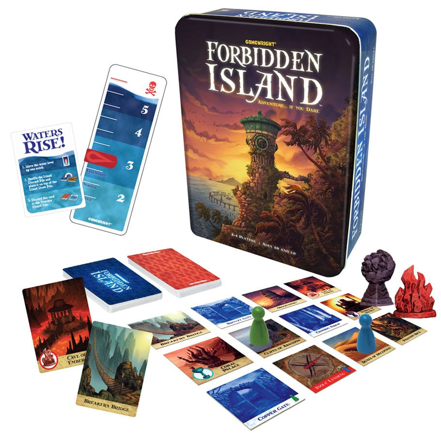 Forbidden Island - Forbidden Island board game with colorful cards, player tokens, modular island tiles, and a metal tin box with tower artwork.