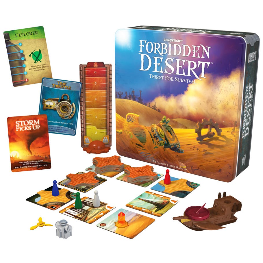 Forbidden Desert - Forbidden Desert board game with colorful player markers, tiles, cards, and sandstorm tracker displayed alongside the game.
