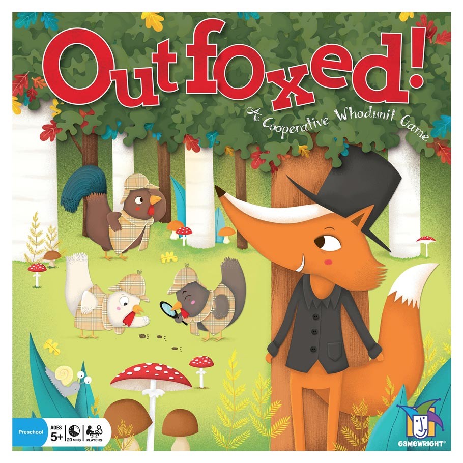 Outfoxed - Outfoxed! cooperative family board game with colorful fox and woodland animals on cover.