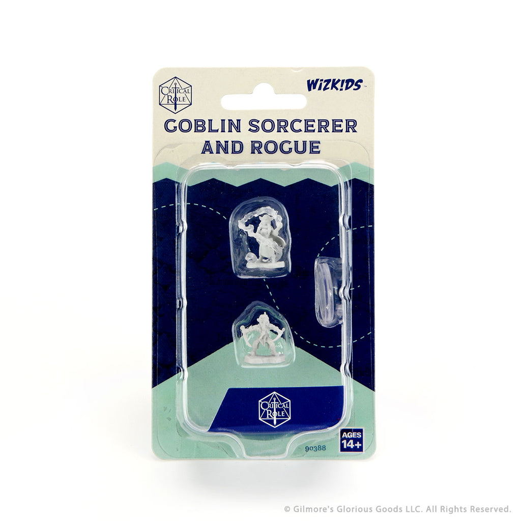 Critical Role Mini: Goblin Sorc & Rogue Female - Two painted miniatures of a goblin sorcerer and rogue in clear plastic blister pack with dark blue, beige, and green backing .