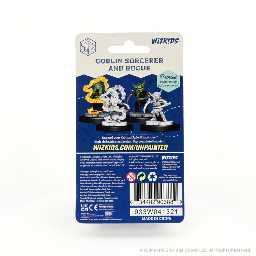 Critical Role Mini: Goblin Sorc & Rogue Female - Unpainted plastic miniatures of a goblin sorcerer casting fire and a rogue with daggers on round bases, in fantasy style.