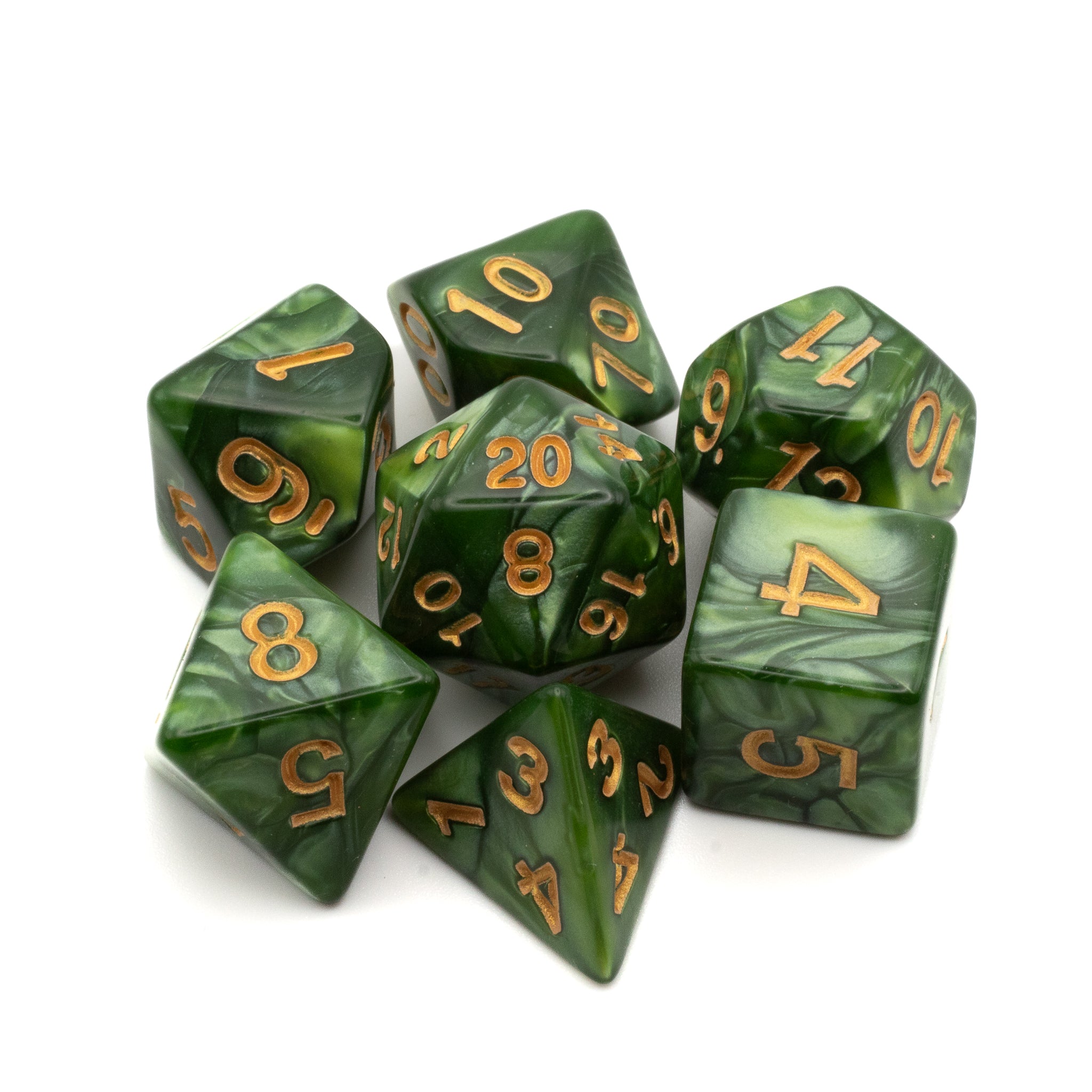 Green Marbled Dice Set - Green marbled acrylic dice set with gold numbering, including d4, d6, d8, d10, d12, and d20 shapes.