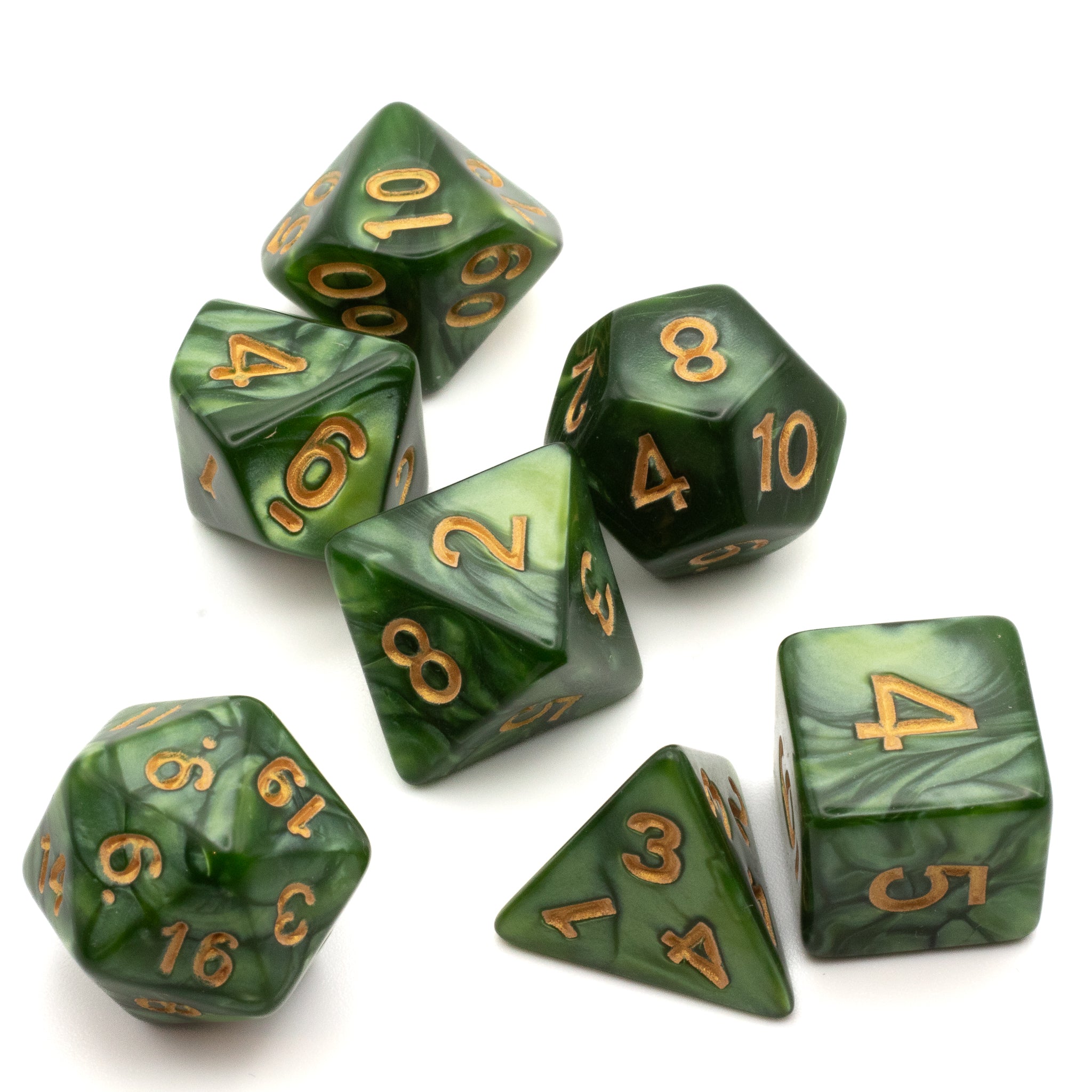Green Marbled Dice Set - Green marbled acrylic dice set with gold numbers, including d4, d6, d8, d10, d12, and d20.