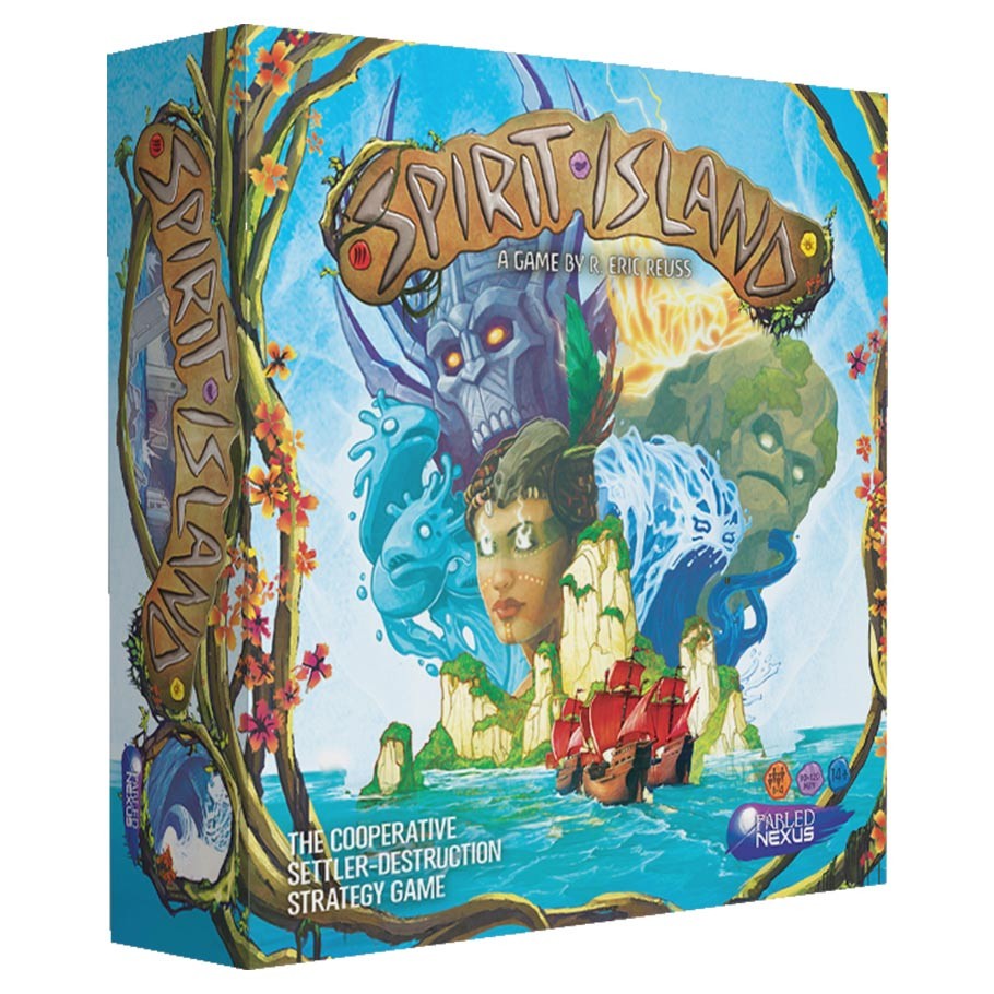 Spirit Island - Spirit Island board game box with vibrant island and spirit illustrations on blue background.