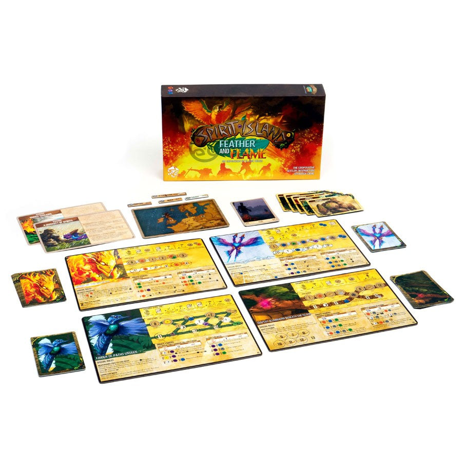Spirit Island: Feather & Flame - Feather & Flame expansion box with character and gameplay cards spread on a white surface, featuring vibrant fantasy artwork .