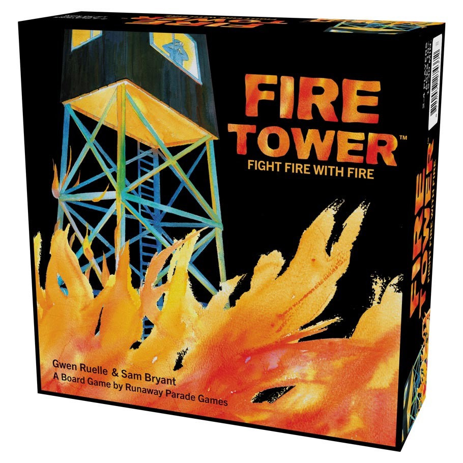 Fire Tower - Fire Tower board game box showing a lookout tower above stylized orange flames on a black background.