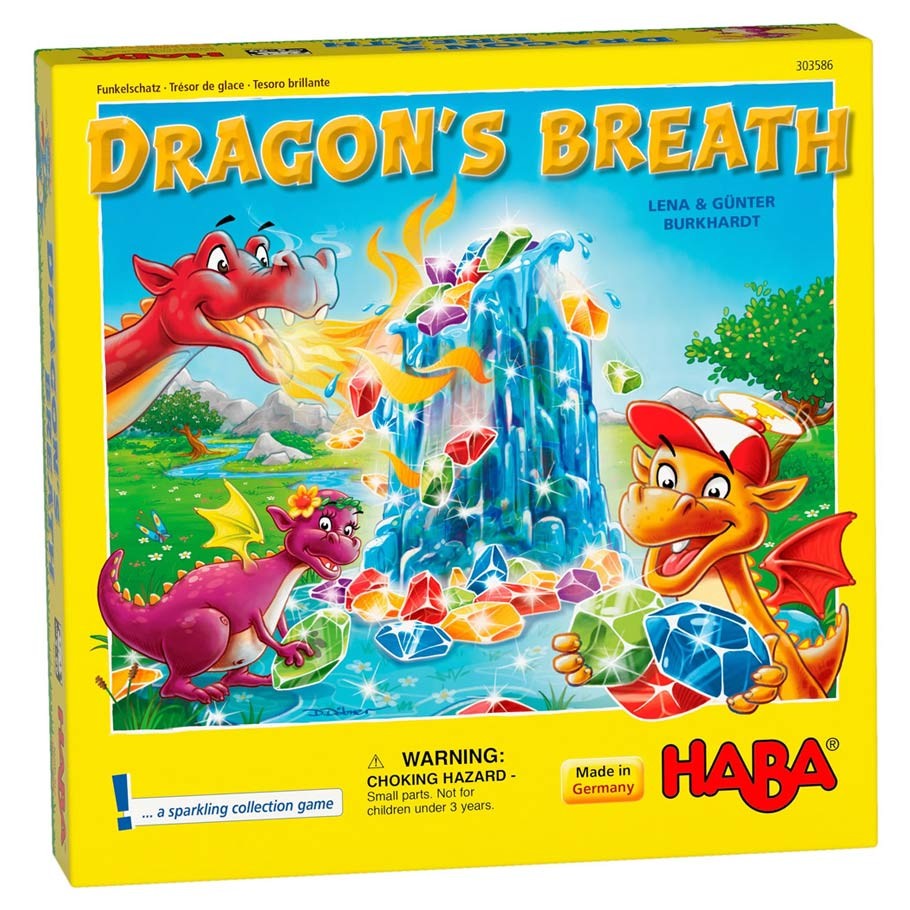 Dragon's Breath - Bright yellow Dragon's Breath game box featuring colorful cartoon dragons around a sparkling gemstone pile on a blue rocky.