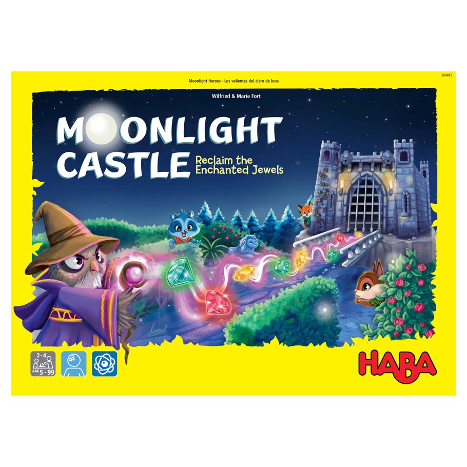 Moonlight Castle - Moonlight Castle board game box with glowing enchanted jewels, a wizard, and castle tower illustration on dark blue.